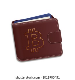 Realistic bitcoin wallet vector illustration. Crypto currency logo for news, app. Embroidery icon style.