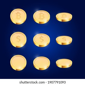 realistic bitcoins set on light yellow background vector illustration 
