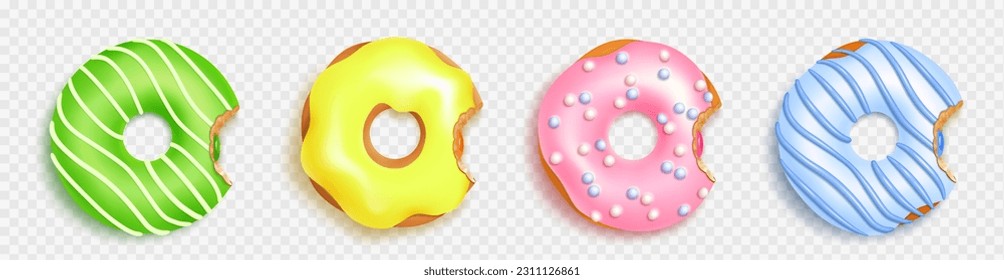 Realistic bitten donut isolated vector design. Confectionery biscuit bagel set for cafe menu illustration. 3d top view glazed and bite doughnut in ink, blue, yellow and green icing decoration