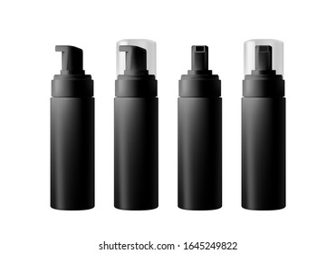 Realistic black 3d blank bottle with dispenser isolated on white background. Vector pack mockup for product design and branding. Blank food, cosmetic and hygiene package template
