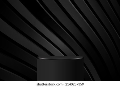 Realistic black 3D cylindrical pedestal on background with black wavy layers. Minimal scene for showcasing products, advertising display.