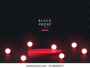 Realistischer schwarzer, zylindrischer 3D-Podiumhintergrund mit leuchtenden Neonkugeln. Black Friday Sale. Minimalistisches Mockup-Podest, Präsentation der abstrakten Produktpräsentation, Bühnenpräsentation. Plattformen, Vektordesign.