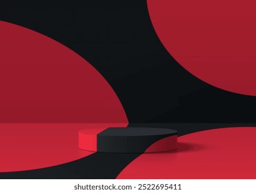 Realistic black 3D cylindrical podium background with red polka dot scene. black Friday sale. Minimalist mockup pedestal, Abstract product display presentation, Stage showcase. Platforms vector design