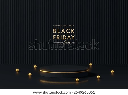 Realistic black 3D cylindrical podium background with gold ball, Black friday sale wall scene. Minimalist mockup pedestal abstract product display presentation, Stage showcase. Platforms vector design