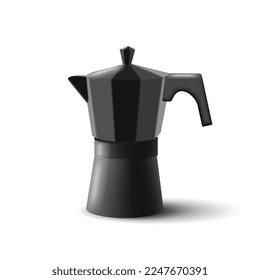 Cafetera Géiser 3D negra realista para hacer café aromático. Para materiales publicitarios, sobre un fondo blanco.