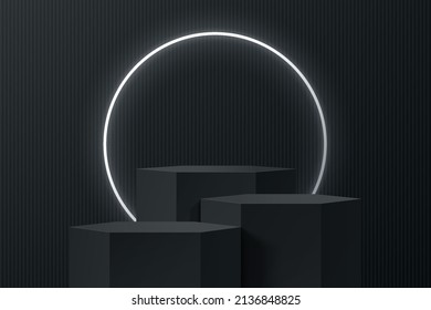 Realistic black 3D hexagon stand or steps podium set with circle neon ring background. Minimal scene for products stage showcase, Promotion display. Vector abstract studio room with geometric forms.