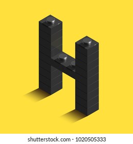 Realistic black 3d isometric letter H of the alphabet from constructor lego bricks. Black 3d isometric plastic letter from the lego building blocks. Lego letters. 3d letters. 3d design