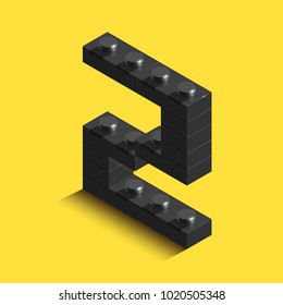 Realistic black 3d isometric letter Z of the alphabet from constructor lego bricks. Black 3d isometric plastic letter from the lego building blocks. Lego letters. 3d letters. 3d design