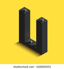 Realistic black 3d isometric letter U of the alphabet from constructor lego bricks. Black 3d isometric plastic letter from the lego building blocks. Lego letters. 3d letters. 3d design