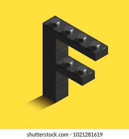 Realistic black 3d isometric letter F of the alphabet from constructor lego bricks. Black 3d isometric plastic letter from the lego building blocks. Lego letters. 3d letters. 3d design