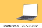 Realistic black 3d laptop with shadow isolated on yellow background. Vector illustration