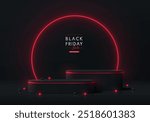 Realistic black 3D round podium background with red neon ring wall scene. Black Friday sale. Minimalist mockup pedestal, Abstract product display presentation, Stage showcase. Platforms vector design.