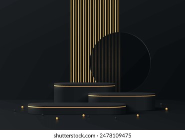 Realistischer schwarzer 3D-runder Podiumhintergrund mit Glaskreis, Goldlinien-Szene. Minimalistisches 3D-Mockup-Sockel, Abstrakte Produktpräsentation, Bühnenvitrine. Geometrisches Design der Vektorgrafik