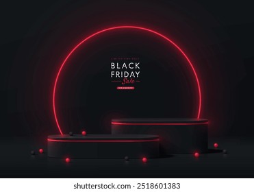 Realistic black 3D round podium background with red neon ring wall scene. Black Friday sale. Minimalist mockup pedestal, Abstract product display presentation, Stage showcase. Platforms vector design.