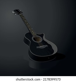 Realistic black acoustic guitar on dark background. Vector illustration