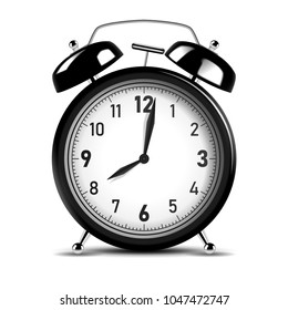 Realistic black alarm clock. Vector Illustration