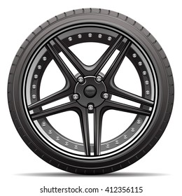 Realistic black alloy car tire wheel isolated vector illustration.