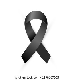 Realistic Black Awareness Ribbon Isolated On White Background. Terrorism, Death, Mourning And Melanoma Medical Symbol. Vector Illustration EPS 10 File.