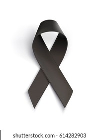 Realistic black awareness ribbon, isolated on white.  Mourning and melanoma sign. Vector illustration
