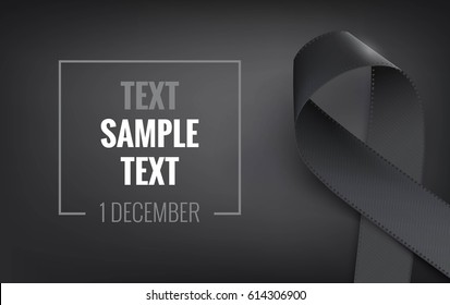 Realistic black awareness ribbon, isolated on black.  Mourning and melanoma symbol. Vector illustration
