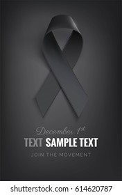 Realistic black awareness ribbon, isolated on black.  Mourning and melanoma symbol. Vector illustration