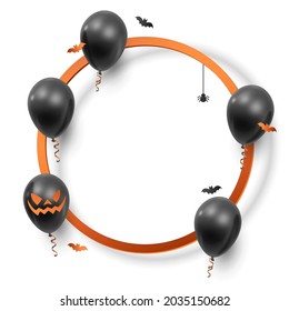 Realistic black balloons, ribbons, bat confetti, spider and ginger, orange paper circle frame. Vector illustration for card, Halloween party, design, flyer, poster, banner, web, advertising.