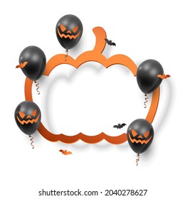 Realistic black balloons, ribbons, bat confetti and ginger, orange  paper pumpkin frame isolated on white. Vector illustration for card, Halloween party, flyer, poster, banner, web, advertising.