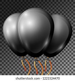 Realistic Black Balloons with ribbons isolated on transparent background. Vector illustration of shiny colorful glossy balloons for Birthday party