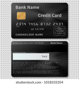 Realistic black bank plastic credit card with chip vector template isolated. Credit plastic card, bank personal cardholder name illustration