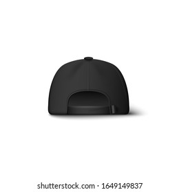 Realistic black baseball cap mockup from back view isolated on white background - cotton fashion hat branding template with realistic matte texture - vector illustration