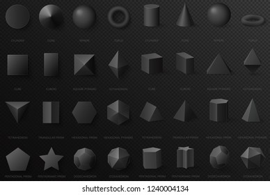 Realistic black basic geometric 3d shapes in top and front view isolated on the dark alpha transperant background.