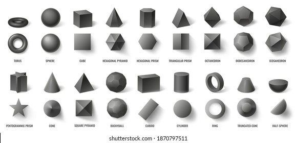 Realistic black basic geometric 3d shapes in top and front view isolated on white. Three dimensional objects as torus, sphere, cube, hexagonal pyramid and prism vector illustration