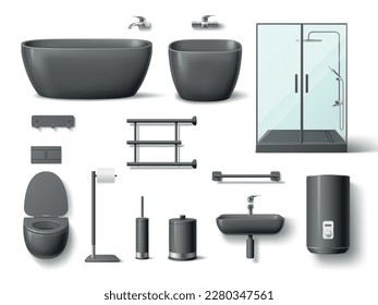 Realistic black bathroom elements. Dark ceramic and acrylic sink, toilet, bidet and shower cabin and boiler, interior 3d isolated objects, interior lavatory room utter vector set