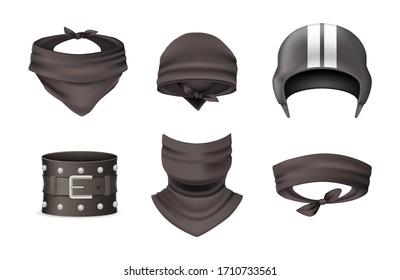 Realistic black biker and cowboy clothing. Biker clothes and accessory silk headband bandana scarf helmet wristband bandage. Protecting face and body vector isolated