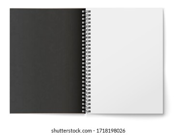 Realistic Black Blank Horizontal Open Realistic Spiral Notepad Mockup.