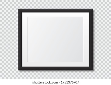 Realistic black blank picture frame with shadow. Photo frame mock up on a transparent background