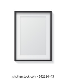 Realistic Black Blank Picture frame, hanging on a White Wall from the Front. 
Design Template for Mock Up. Vector illustration