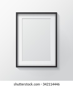 Realistic Black Blank Picture frame, hanging on a White Wall from the Front. 
Design Template for Mock Up. Vector illustration