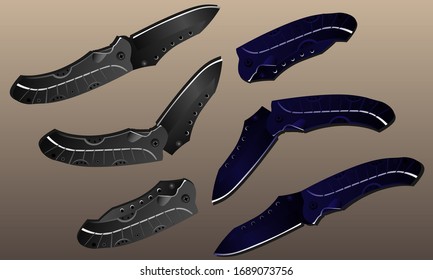 realistic black and blue folding pocket knives in different positions