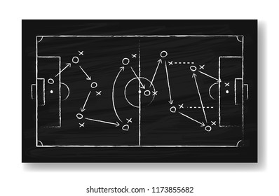 Realistic black board drawing a soccer game strategy. International world championship tournament concept. Vector illustration
