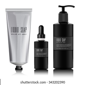 Realistic black bottle for essential oil and tube for cream, ointment, toothpaste, lotion. Soap pump. Mock up set. Cosmetic vial, flask., dropper-bottle,  shampoo, oil, gel. Label, sticker