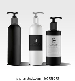 Realistic black bottle for essential oil. Soap pump. Mock up set. Cosmetic vial, flask., dropper-bottle,  shampoo, oil, gel. Label, sticker