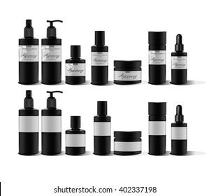 Realistic black bottle for essential oil and tube or container for cream, ointment, lotion. Soap pump. Mock up set. Cosmetic vial, flask, dropper-bottle, shampoo, oil, gel, wax. Label, sticker