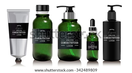 Realistic black bottle for essential oil and tube for cream, ointment, toothpaste, lotion. Soap pump. Mock up set. Cosmetic vial, flask., dropper-bottle,  shampoo, oil, gel. Label, sticker