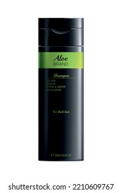 Realistic black bottle of hydrating aloe vera shampoo on white background vector illustration