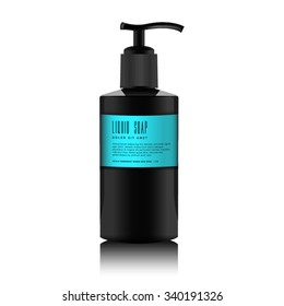 Realistic black bottle of liquid soap. Cosmetic bottle for a cream, shampoo, oil, gel, soap, balsam. Mock up. Label for container. Batcher
