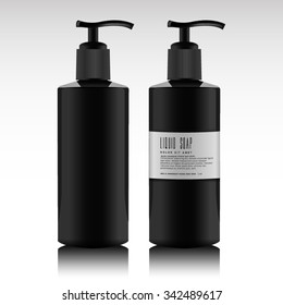 Realistic Black Bottle Of Liquid Soap. Cosmetic Bottle For A Cream, Shampoo, Oil, Gel, Soap, Balsam. Mock Up. Label For Container. Batcher