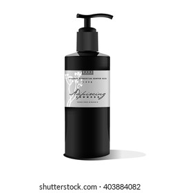 Realistic black bottle of liquid soap. Cosmetic bottle for a cream, shampoo, oil, gel, soap, balsam. Mock up. Label design for container. Batcher