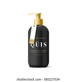 Realistic black bottle of liquid soap in white background. Cosmetic bottle for a cream, shampoo, oil, gel. Mock up. Design label for container. Batcher. Cosmetic products