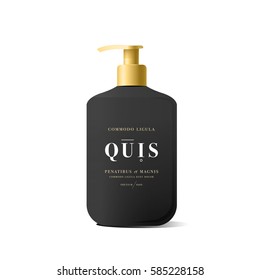 Realistic black bottle of liquid soap in white background. Cosmetic bottle for a cream, shampoo, oil, gel. Mock up. Design label for container. Batcher. Cosmetic products